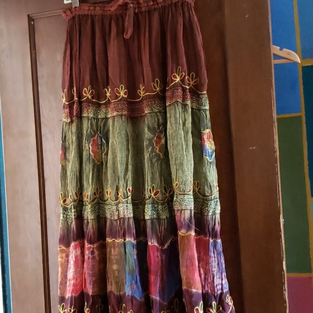 Floor length Broomstick skirt in Maroon.
